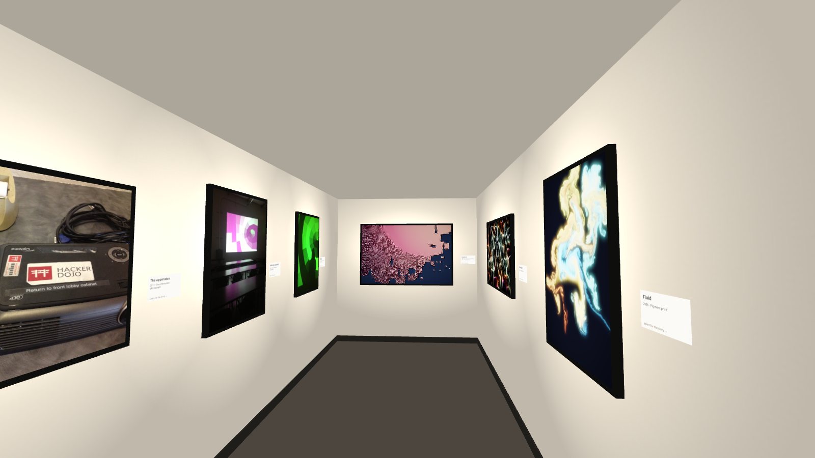 A white gallery room the size of a shipping container, prints on both walls and a live reaction-diffusion piece on the back wall